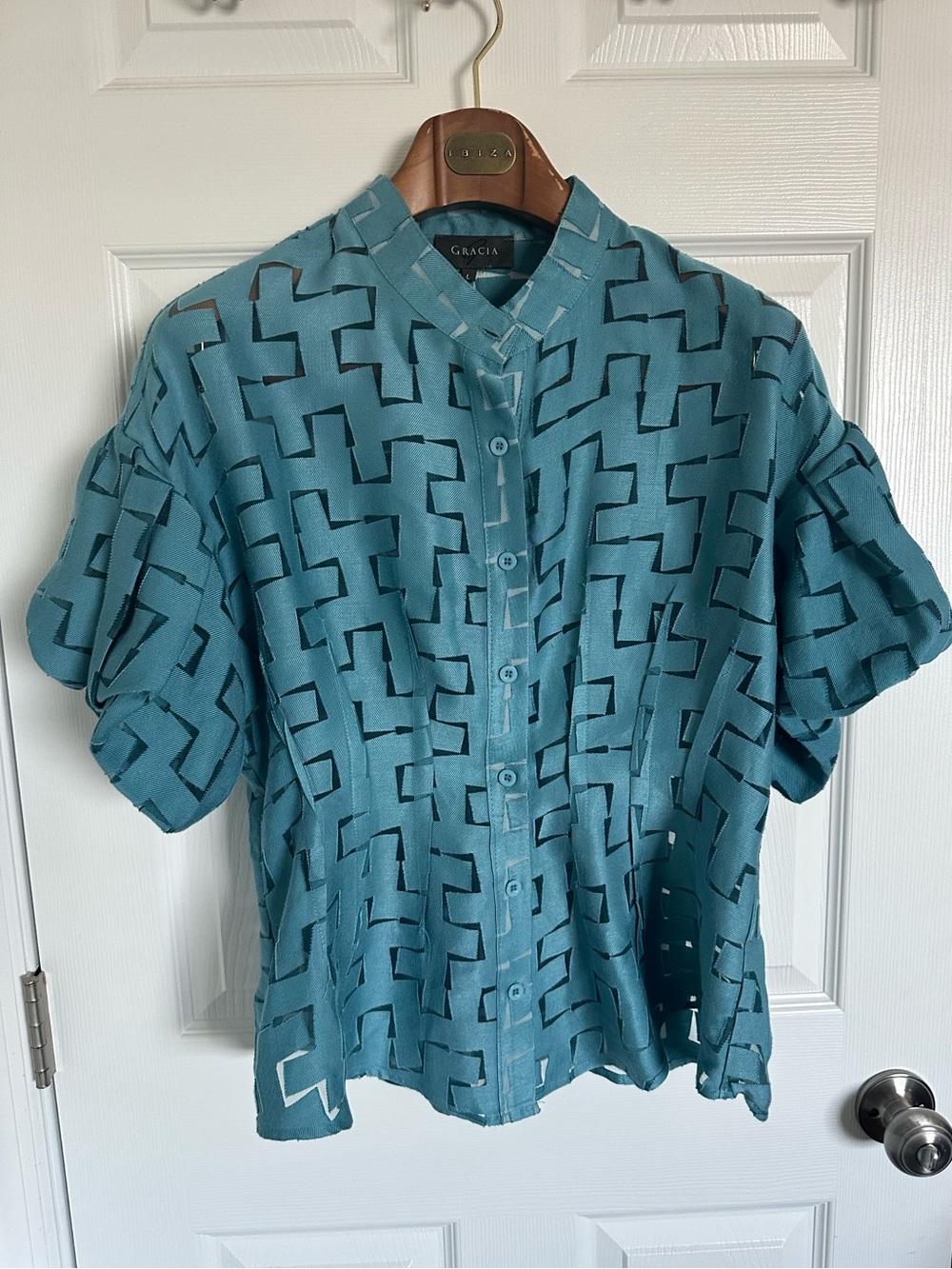 Gracia Teal blue Geometric Short-Sleeve Button-Up Shirt Large